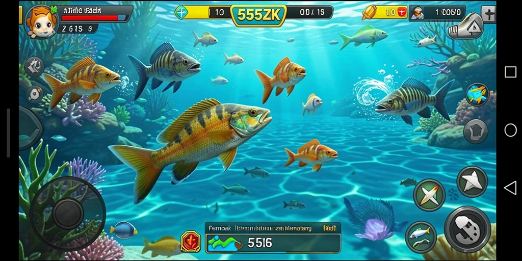 Tampilan gameplay seru dari 555ZK saat menembak ikan.