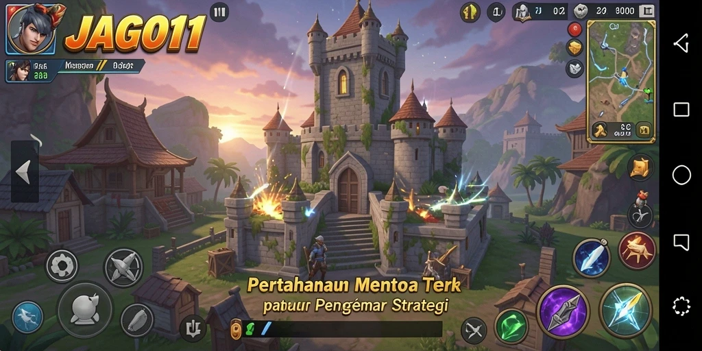 Tangkapan layar game JAGO11 memperlihatkan aksi menara pertahanan yang intens.