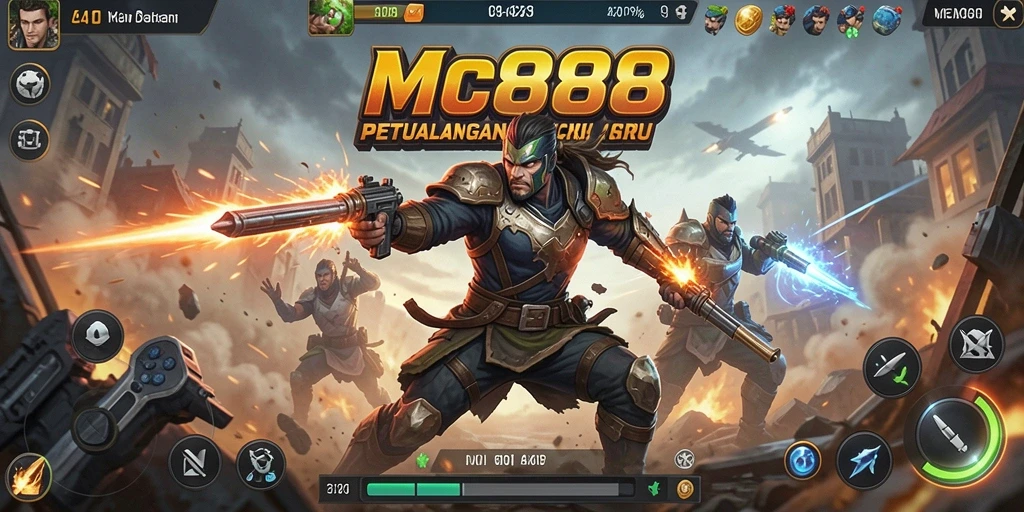 Tangkapan layar utama MC888 menampilkan aksi mendebarkan dengan karakter bertarung.