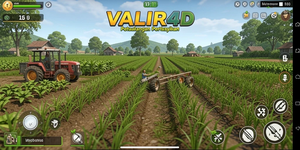 Gameplay VALIR4D dengan ladang subur yang luas dan aktivitas bertani.